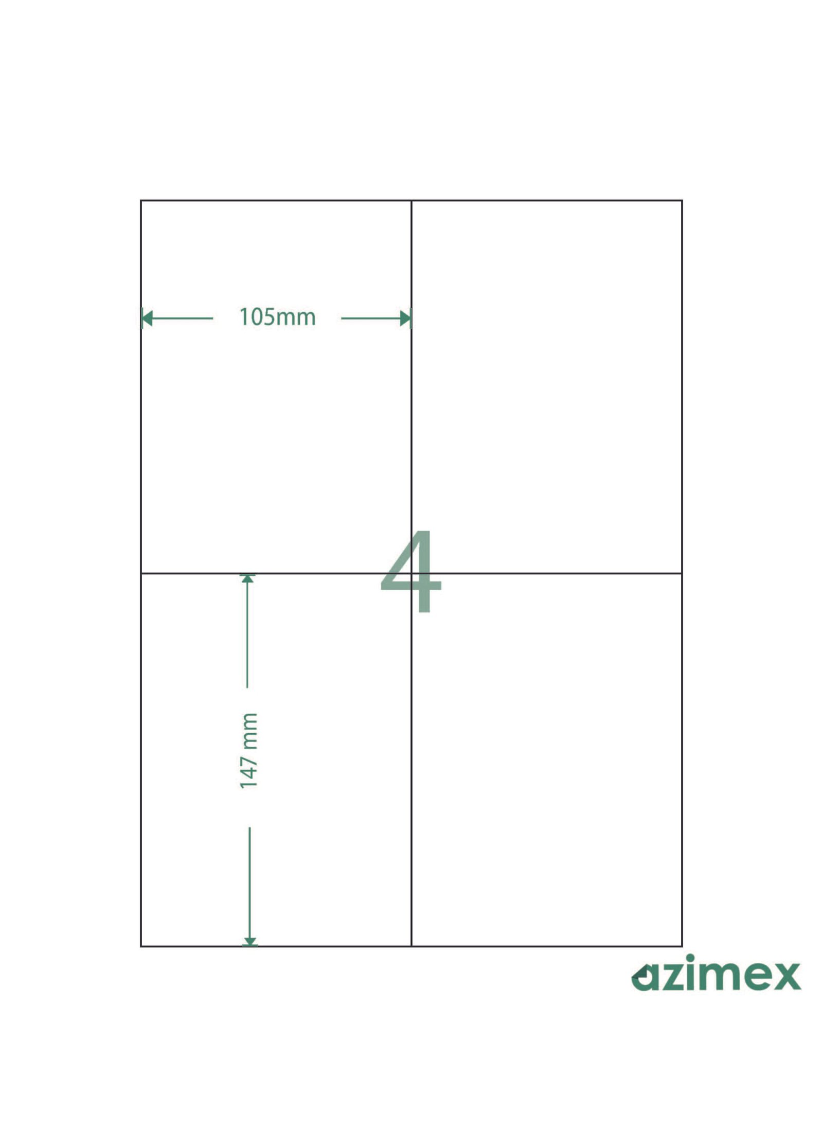 A4-4 labels, 105 x 147 mm, Azimex Labels on A4 sheet, 4 labels, white paper, 100 sheets/box