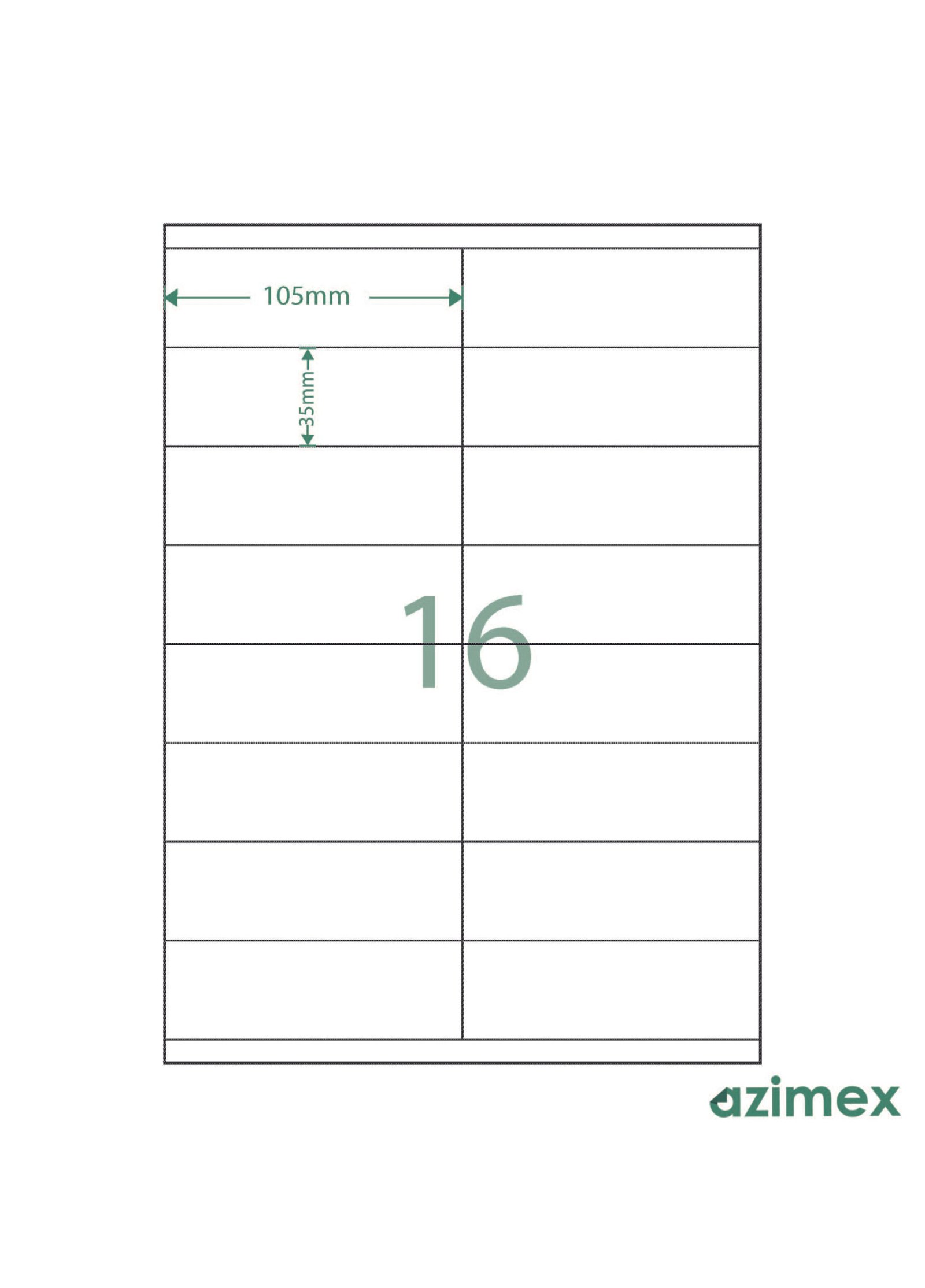 A4-16 labels, 105 x 35 mm, Azimex Labels on A4 sheet, 16 labels, white paper, 100 sheets/box