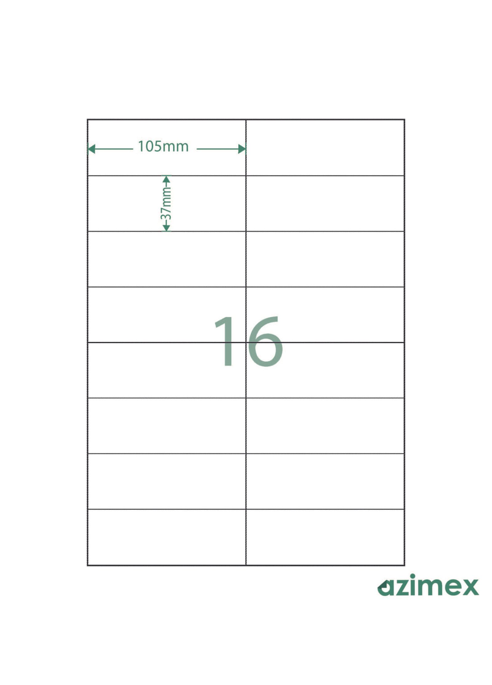 A4-16 labels, 105 x 37 mm, Azimex Labels on A4 sheet, 16 labels, white paper, 100 sheets/box