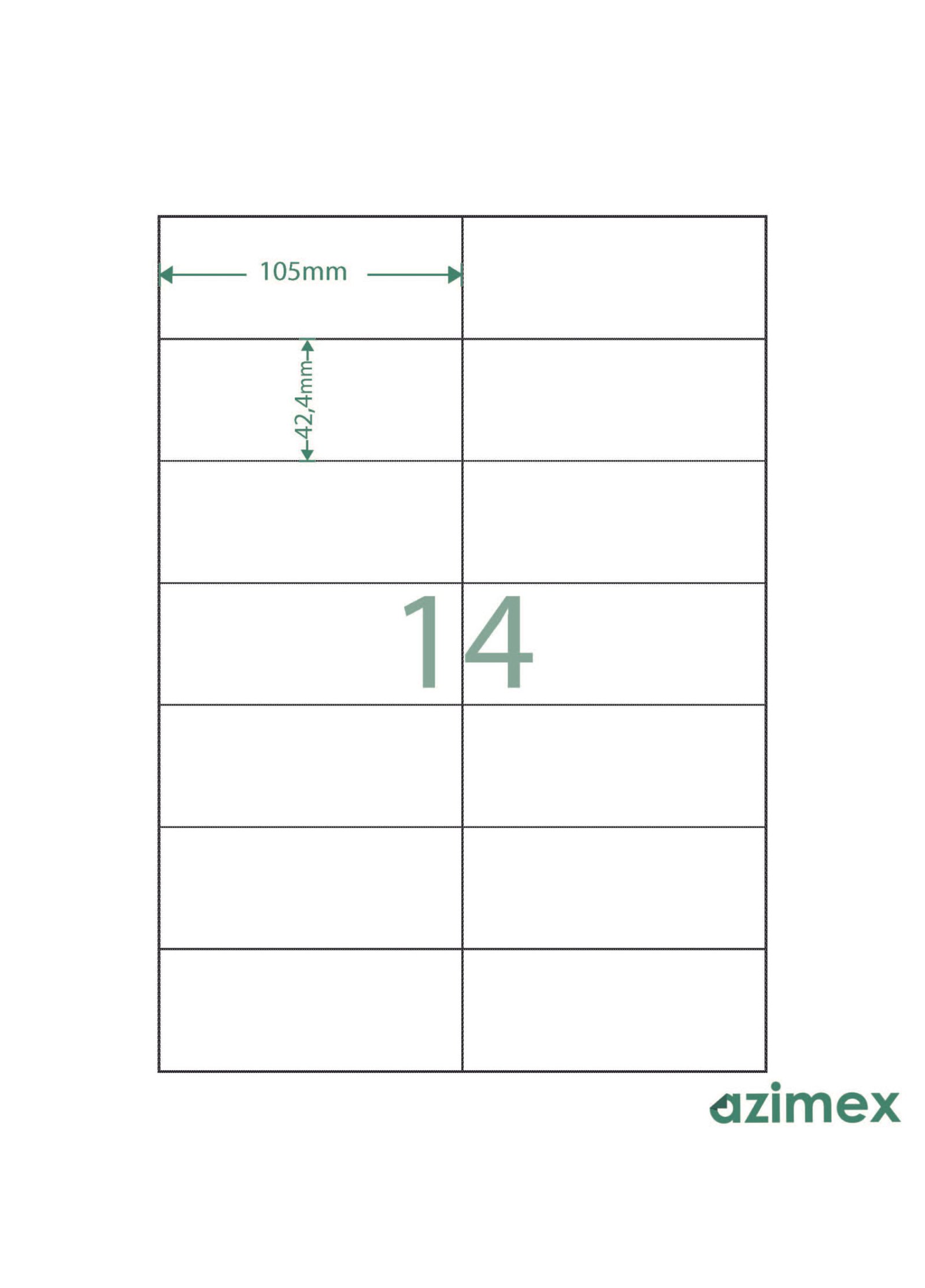 A4-14 labels, 105 x 42.4 mm, Azimex Labels on A4 sheet, 14 labels, white paper, 100 sheets/box