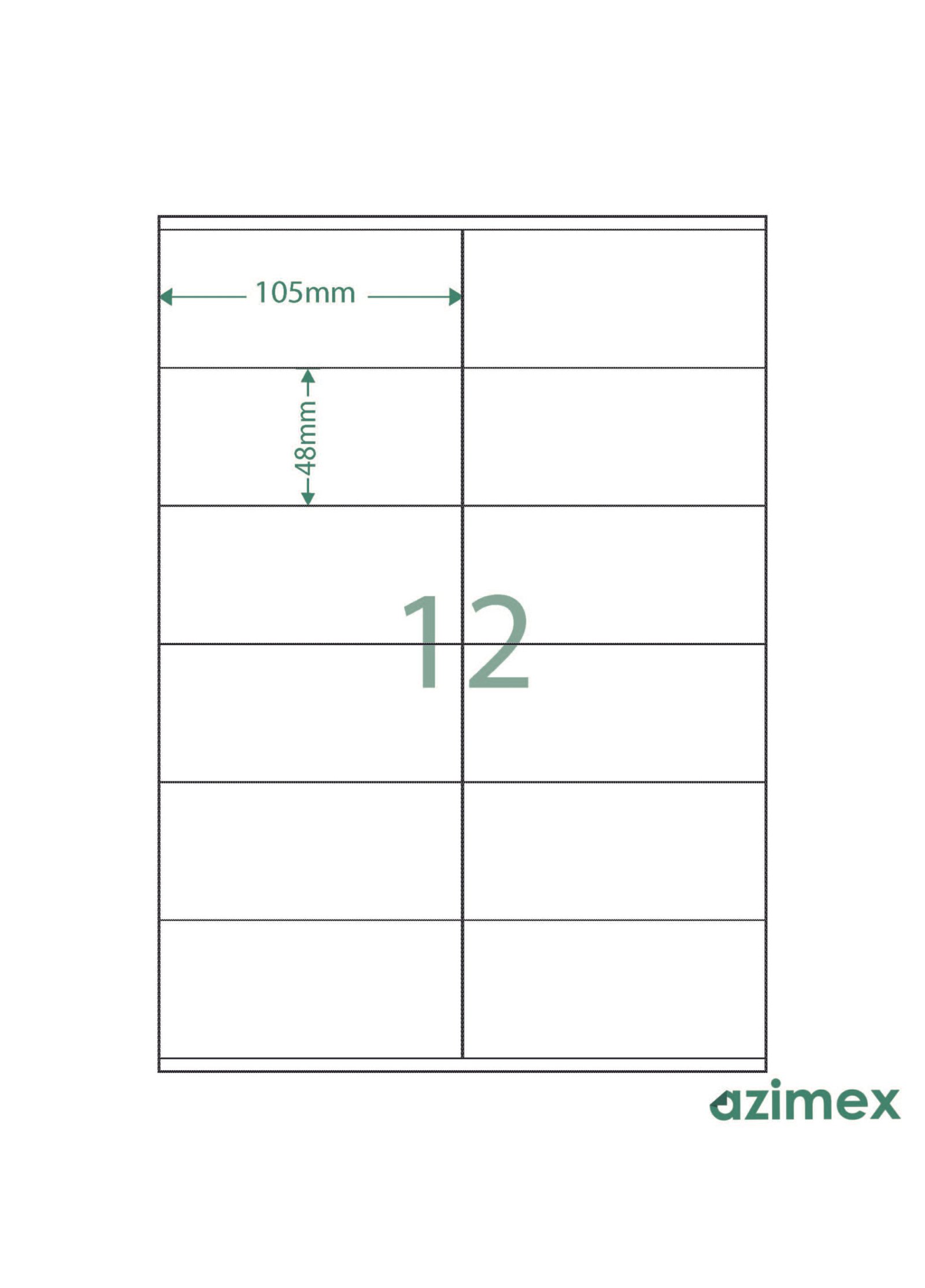 A4-12 labels, 105 x 48 mm, Azimex Labels on A4 sheet, 12 labels, white paper, 100 sheets/box