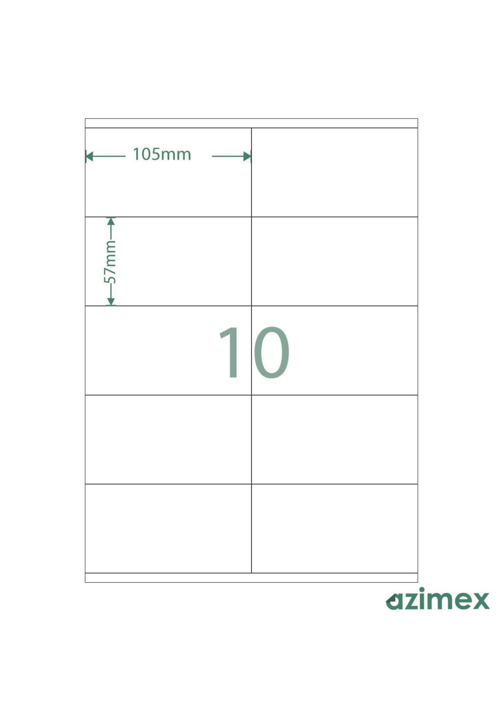 A4-10 labels, 105 x 57 mm, Azimex Labels on A4 sheet, 10 labels, white paper, 100 sheets/box