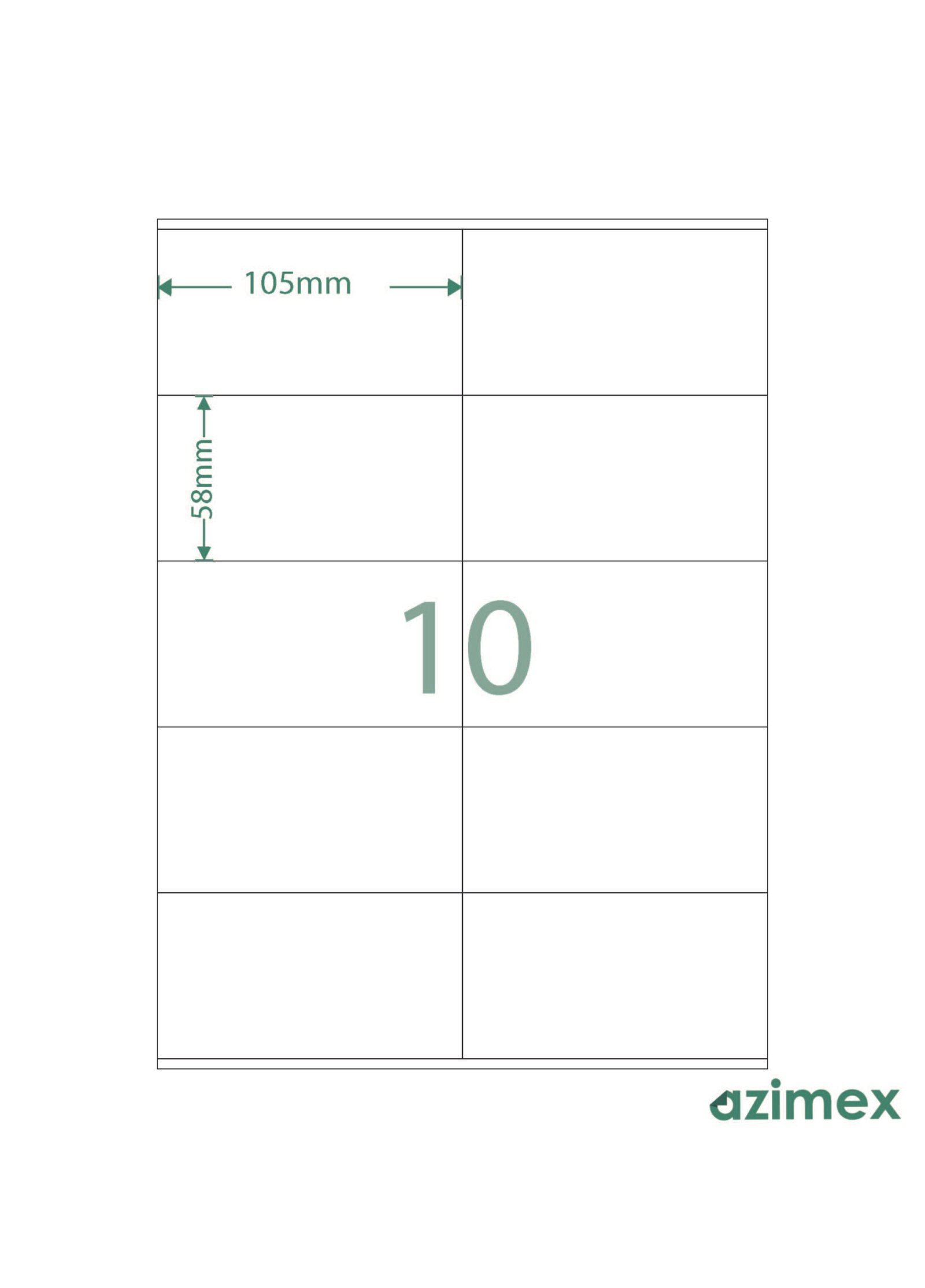A4-10 labels, 105 x 58 mm, Azimex Labels on A4 sheet, 10 labels, white paper, 100 sheets/box