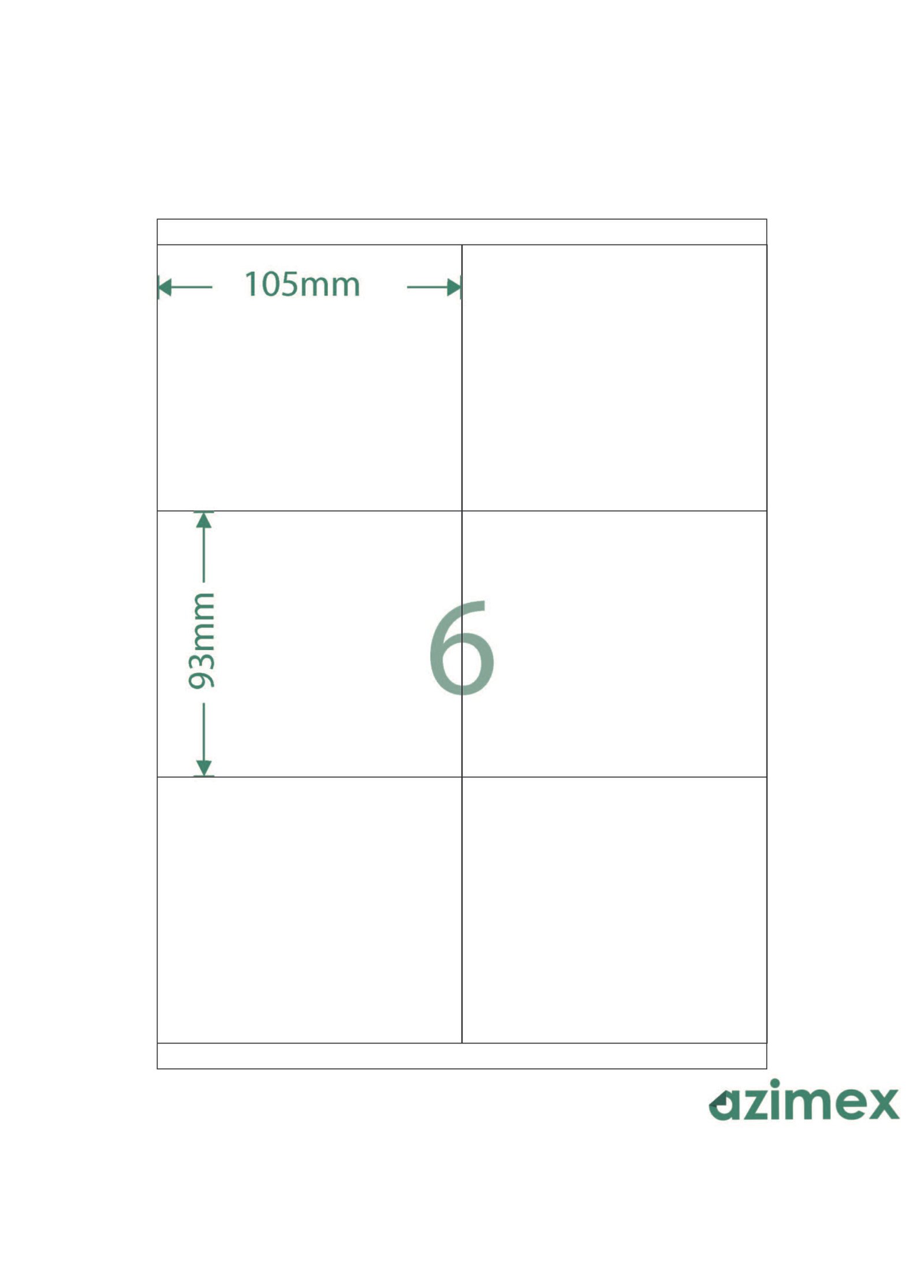 A4-6 labels, 105 x 93 mm, Azimex Labels on A4 sheet, 6 labels, white paper, 100 sheets/box