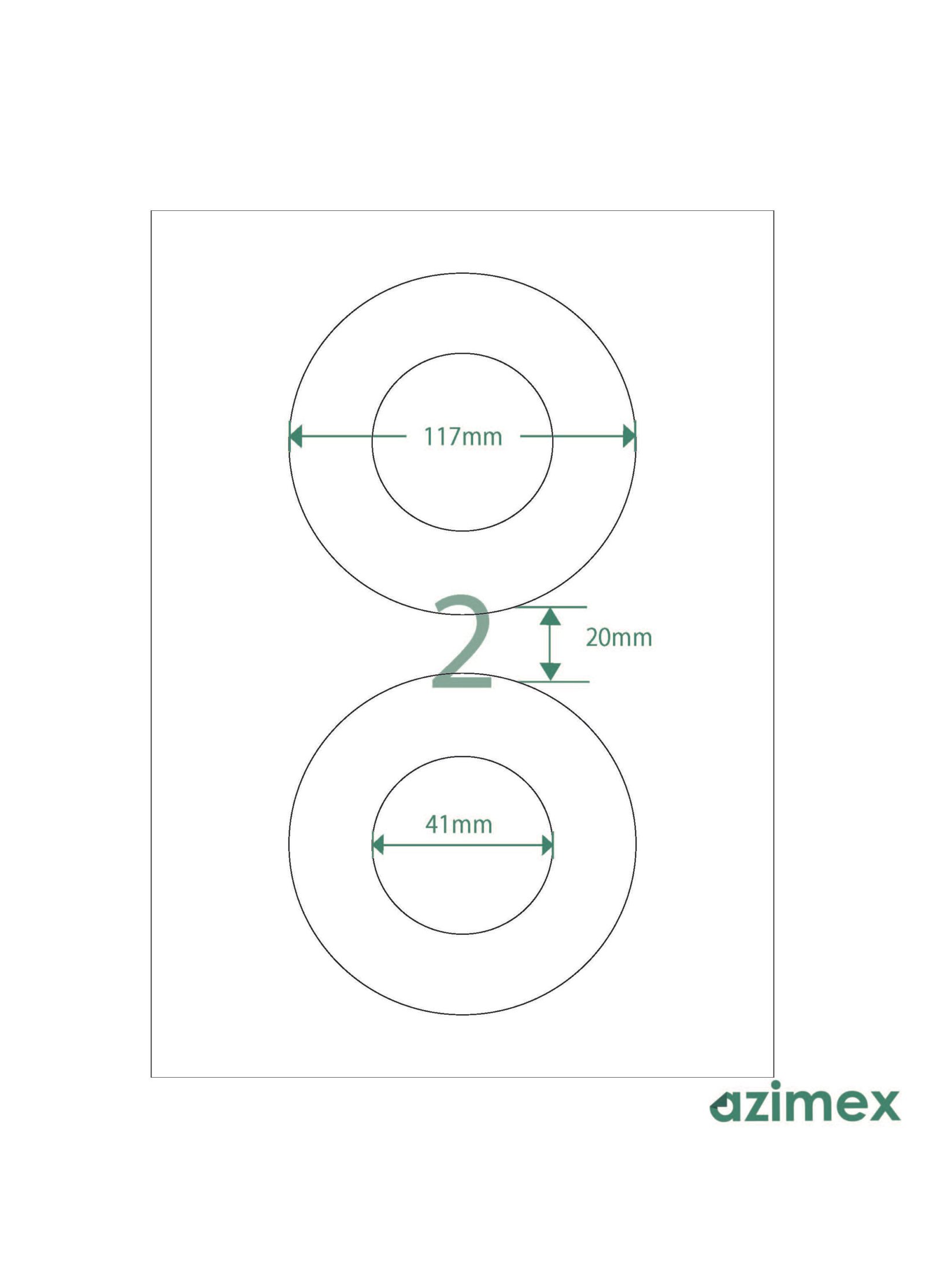 A4-2 labels, Ø 117 mm, Azimex Labels on A4 sheet, 2 labels, white paper, 100 sheets/box