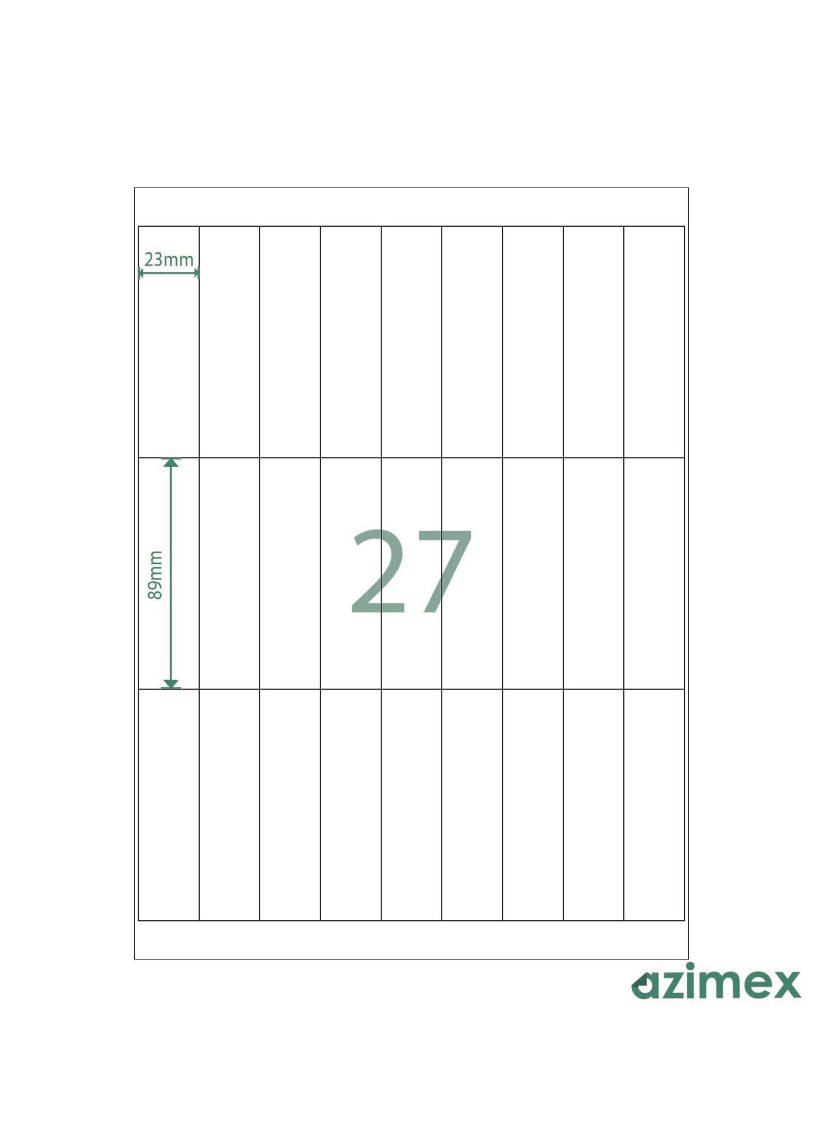 A4-27 labels, 23 x 89 mm, Azimex Labels on A4 sheet, 27 labels, white paper, 100 sheets/box