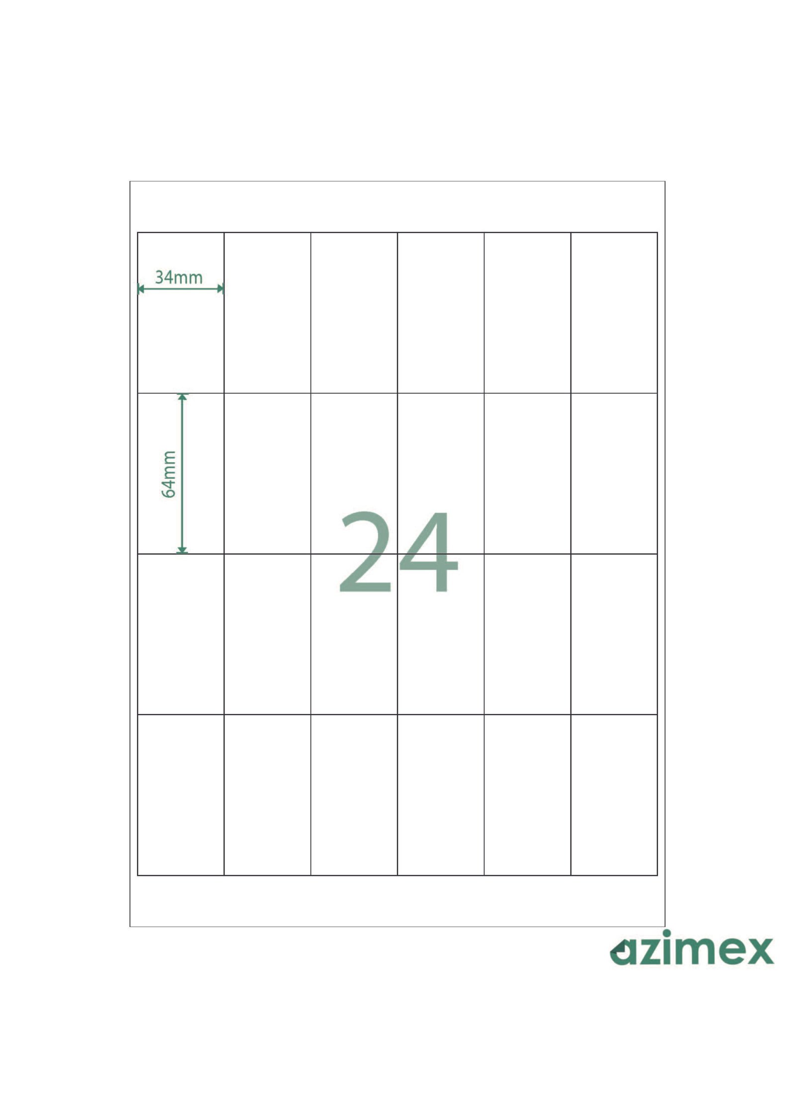 A4-24 labels, 34 x 64 mm, Azimex Labels on A4 sheet, 24 labels, white paper, 100 sheets/box