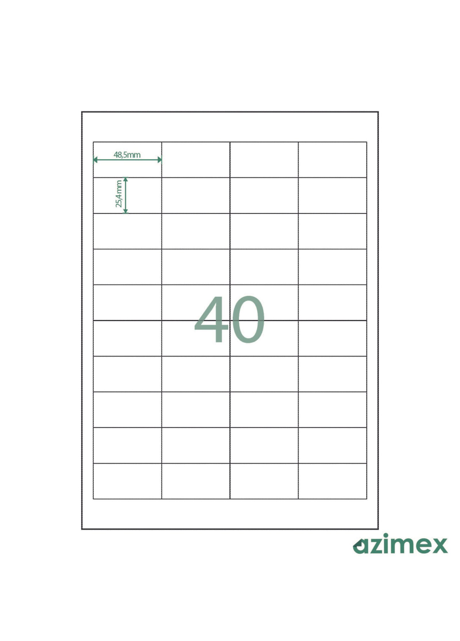 A4-40 labels, 48.5 x 25.40 mm, Azimex Labels on A4 sheet, 40 labels, white paper, 100 sheets/box