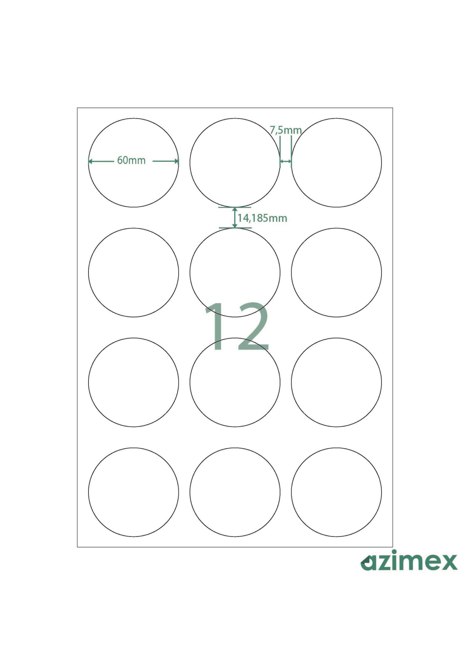 A4-12 labels, Ø 60 mm, Azimex Labels on A4 sheet, 12 labels, white paper, 100 sheets/box