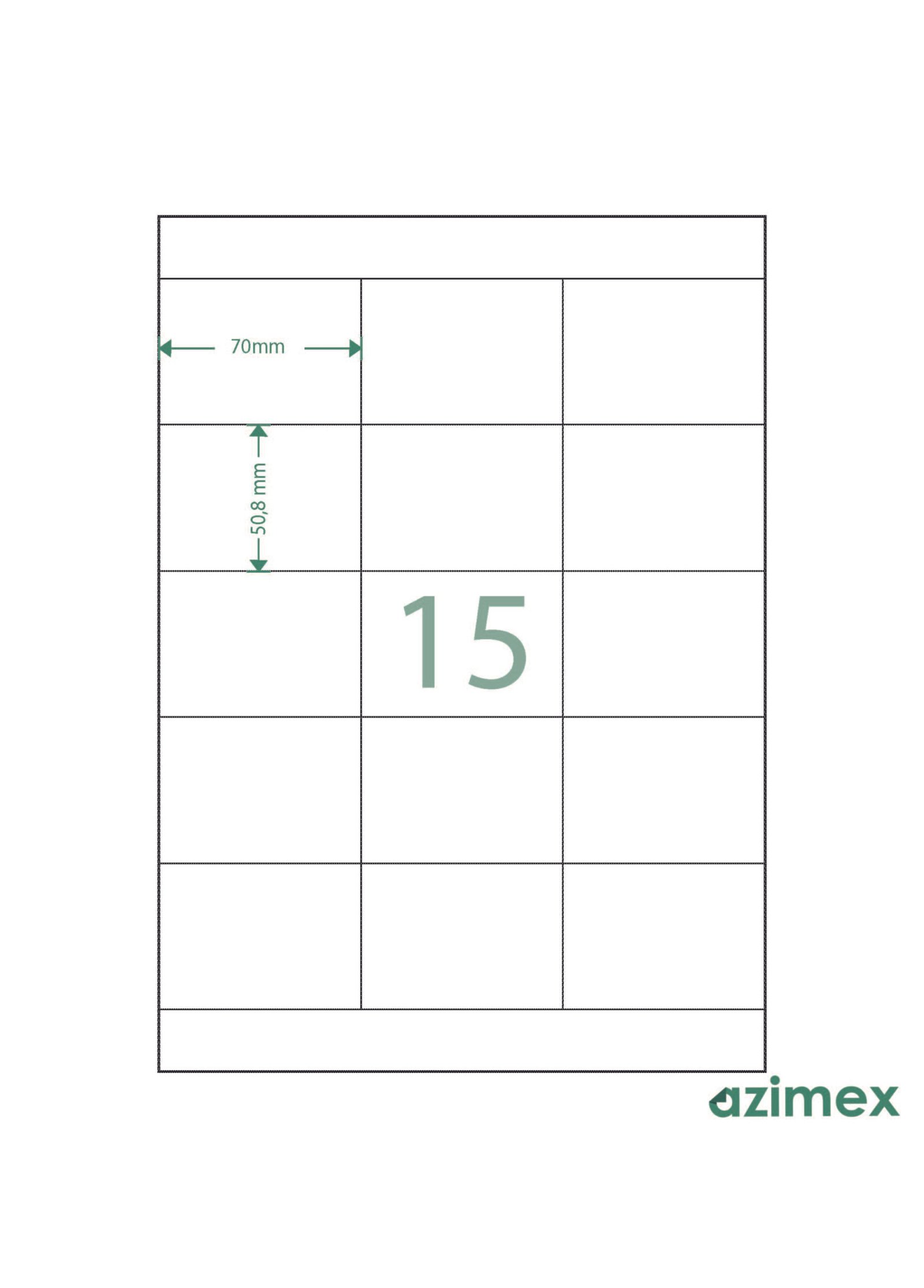 A4-15 labels, 70 x 50.8 mm, Azimex Labels on A4 sheet, 15 labels, white paper, 100 sheets/box