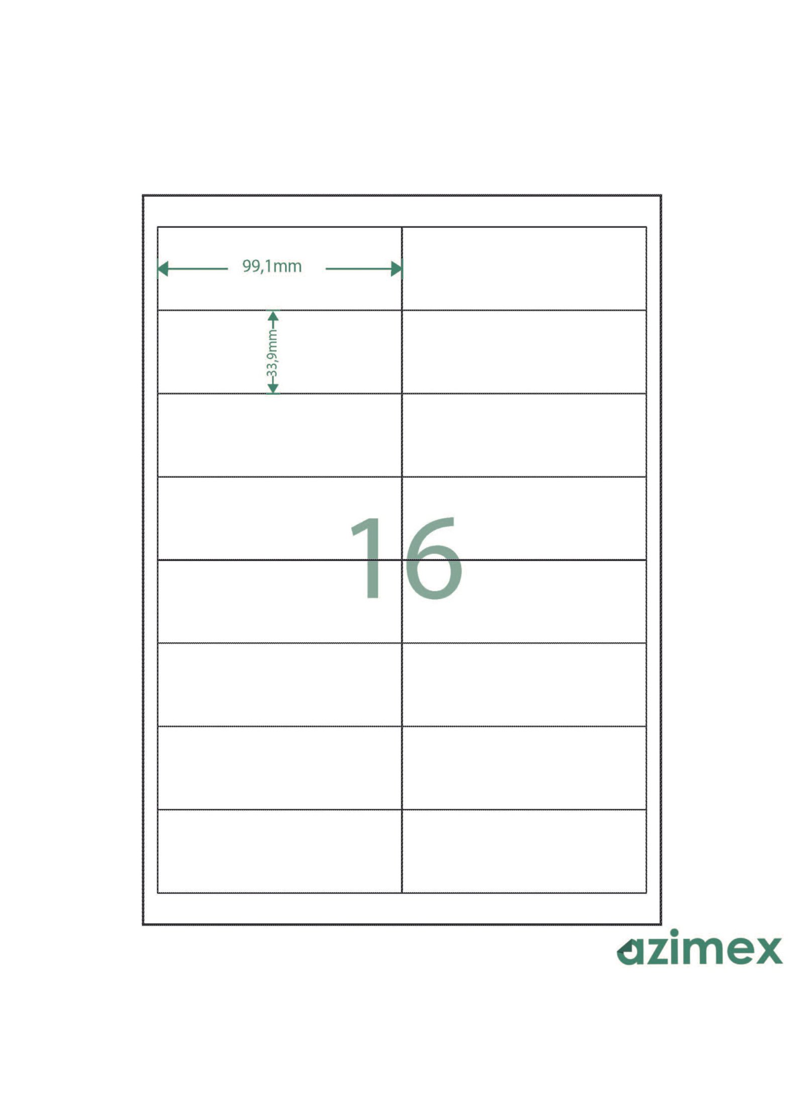 A4-16 labels, 99.10 x 33.90 mm, Azimex Labels on A4 sheet, 16 labels, white paper, 100 sheets/box