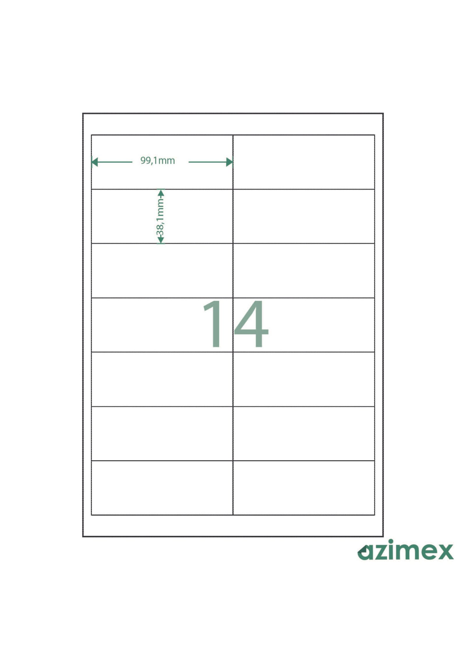 A4-14 labels, 99.10 x 38.10 mm, Azimex Labels on A4 sheet, 14 labels, white paper, 100 sheets/box