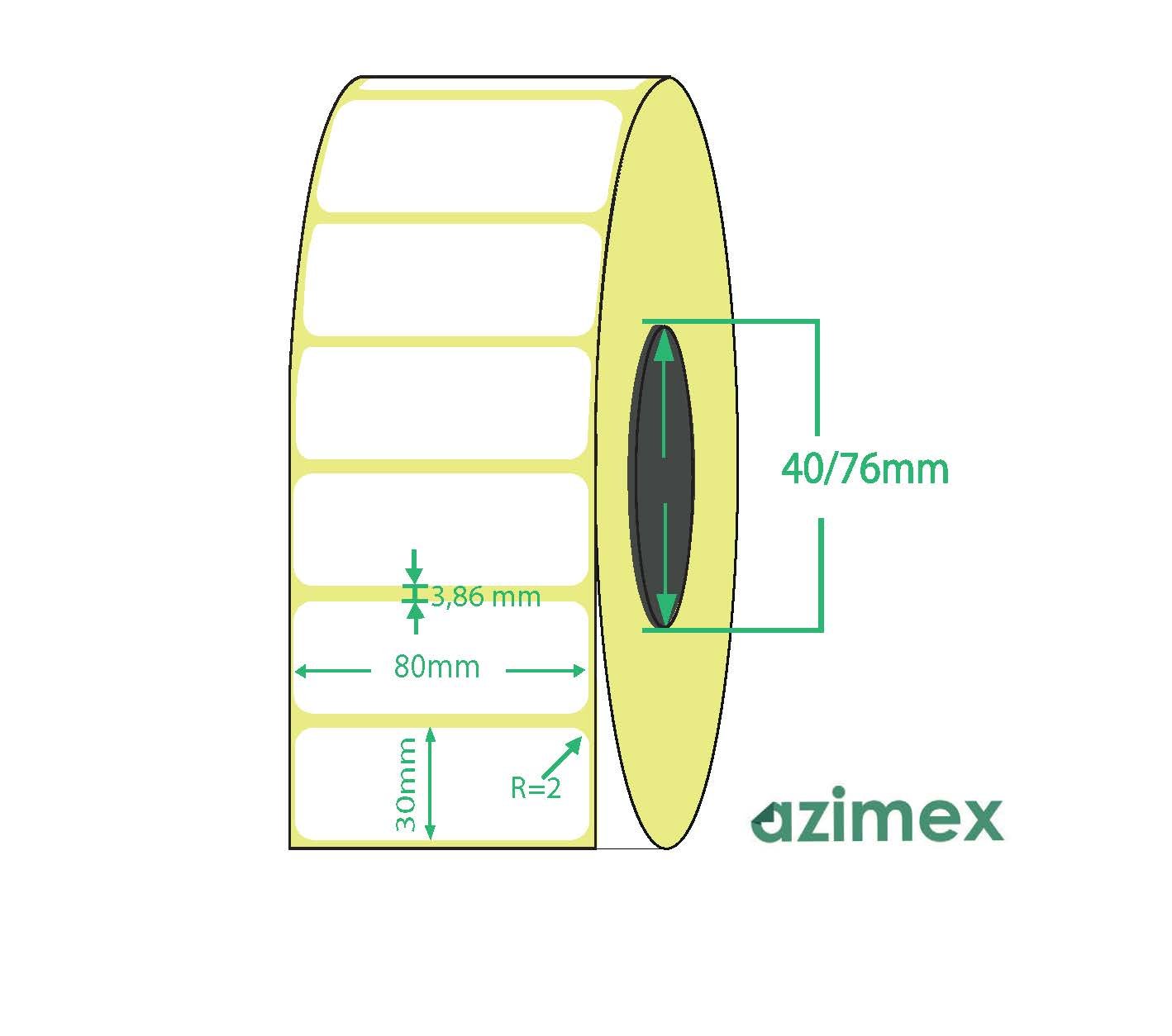 80 x 30 mm, Azimex Thermal Transfer labels on roll, 2000 labels/roll