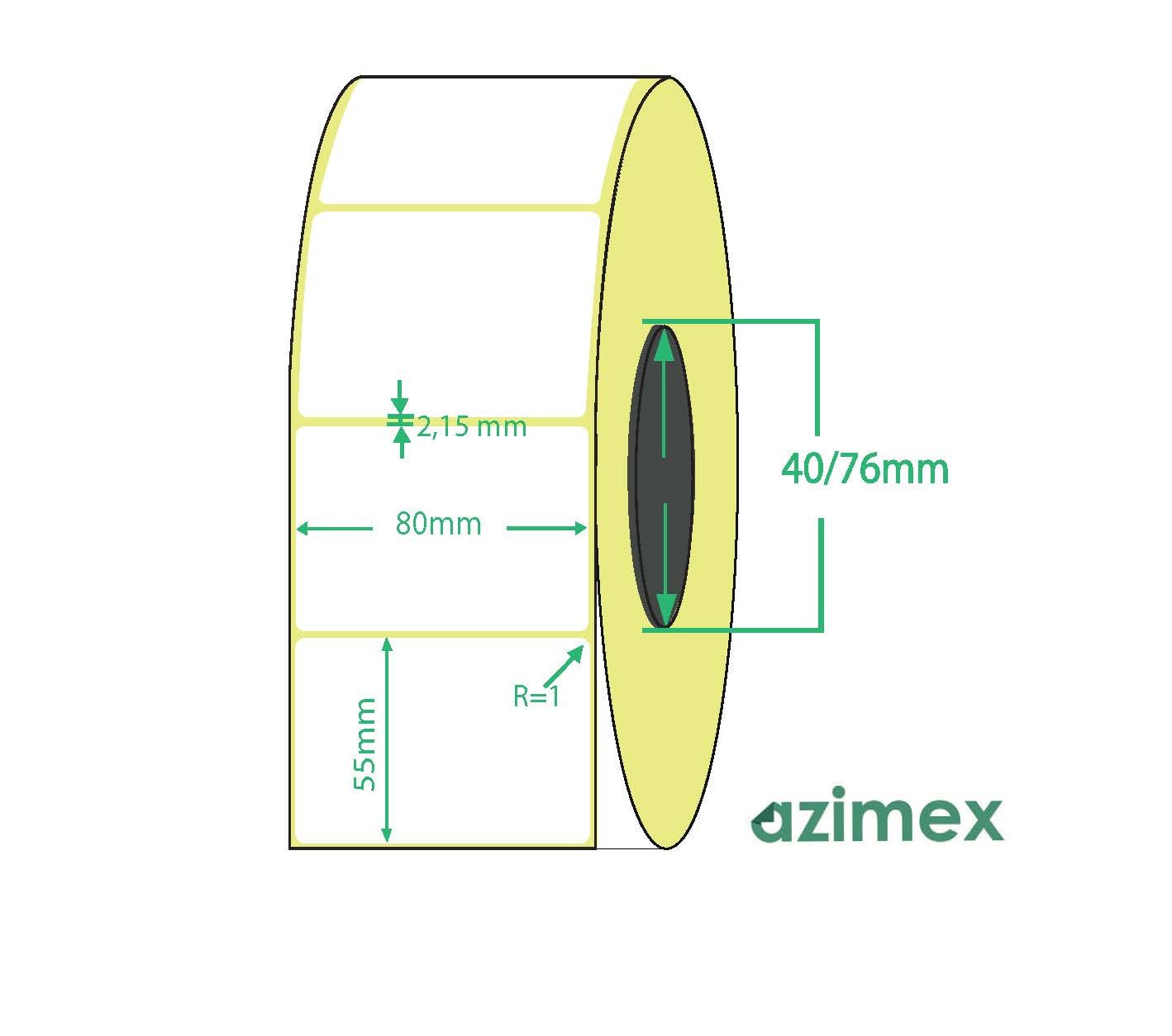 80 x 55 mm, Azimex Thermal Transfer labels on roll, 1000 labels/roll