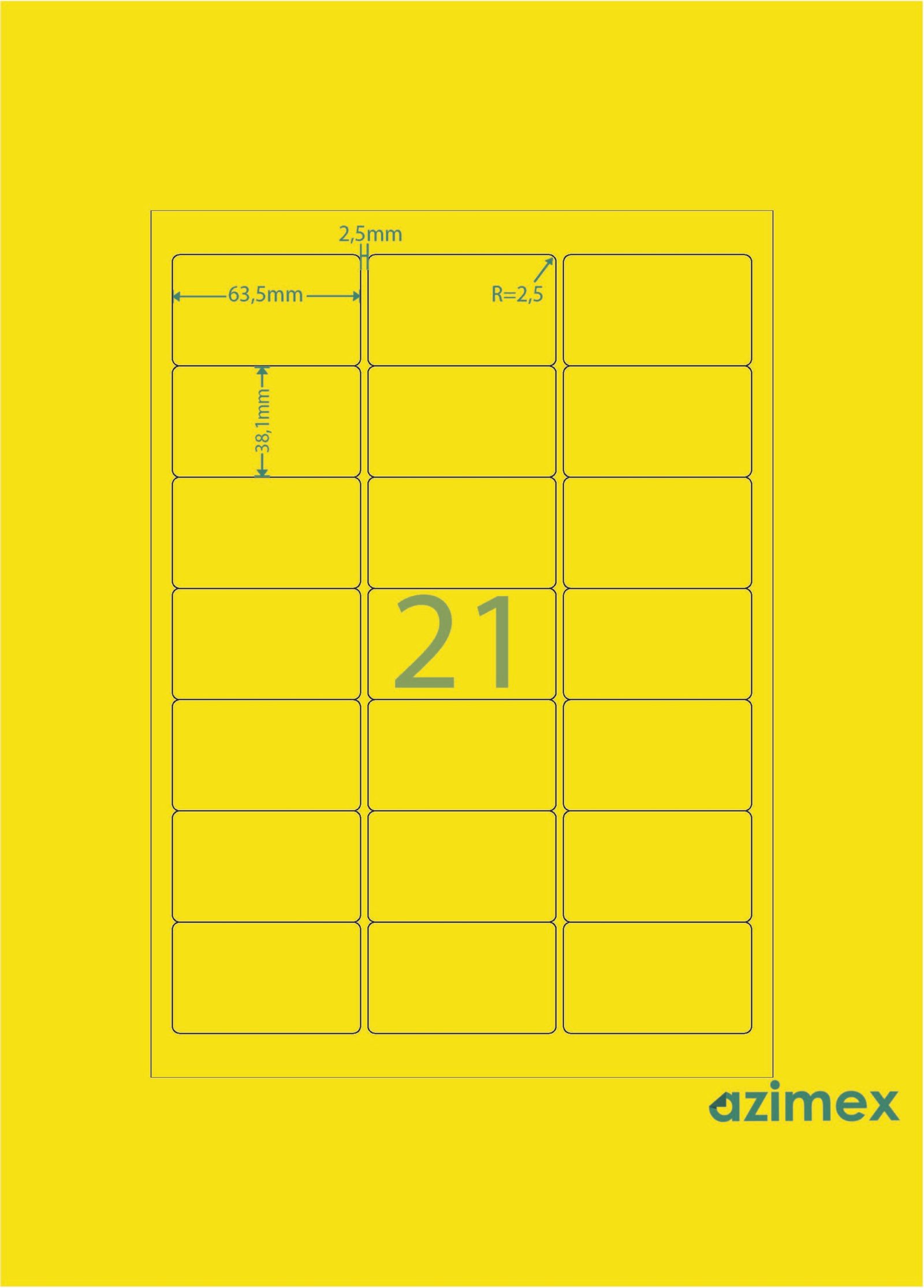 A4-21 labels, 63,5 x 38,1 mm, Azimex Labels on A4 sheet, 21 labels, multi-colored neon paper, 100 sheets/box